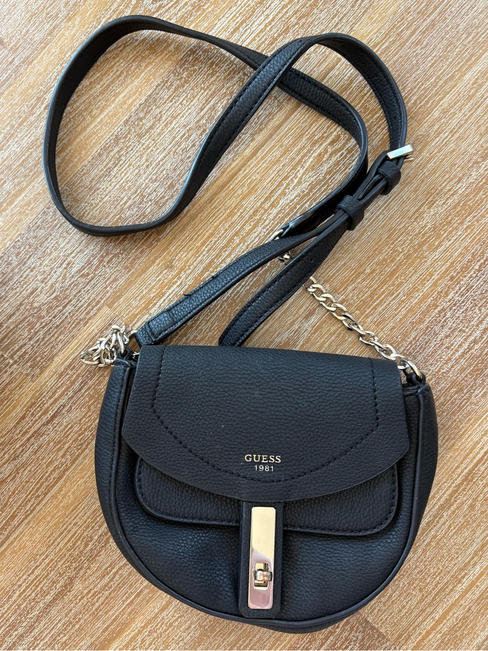 Guess Black Pebbled Leather Crossbody with Gold Hardware